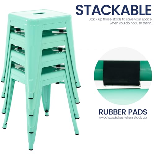 Image of Brage Living 18 Inch Industrial Metal Stools Set of 4, Stackable Classroom Stools, Backless Metal Dining Chairs for Indoor Outdoor, Kitchen Short (Mint Green)