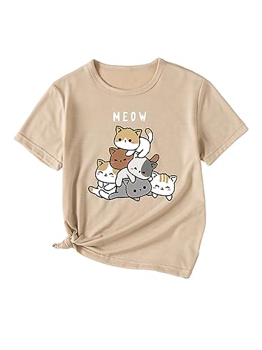 SOLY HUX Girl's T Shirts Short Sleeve Cute Graphic Tees Crewneck Cartoon Cat Print Summer Tops