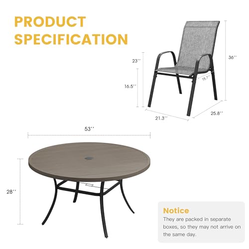 Image of VICLLAX Outdoor Dining Set for 8, All Weather Metal 9 Pieces Patio Set-53 Round Outdoor Table and Stackable Chairs for Lawn Garden and Backyard, Grey Wood Grain Tabletop