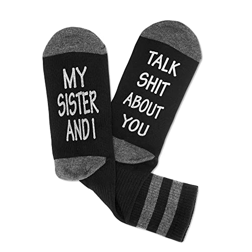 Grace Yonks My Sister And I Talk Shit About You Socks, Gift for Sister, Best Friend Gift, Unisex Adults, White, Letter Print, Crew Length, 1 Pair2