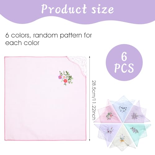 6 Pcs White Handkerchiefs for Women,Soft Cotton Blend Flower Embroidered Ladies Handkerchiefs, Elegant Vintage Floral Women's Handkerchief for Wedding Party(Multicolor)2