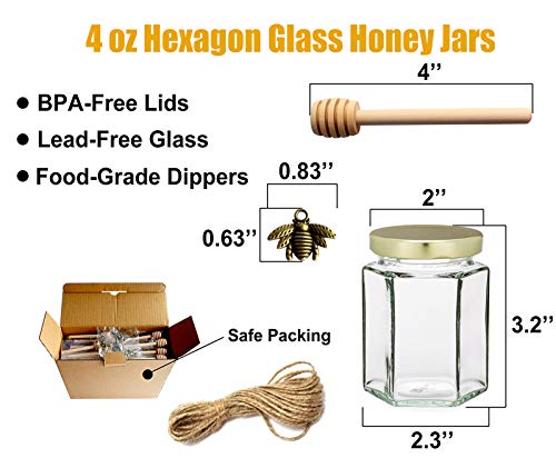 Adabocute 4Oz Hexagonal Honey Jars - Glass Honey Jars With Gold Lids, Wooden Dippers, Bee Charms And Jutes - Hexagon Honey Jars For Baby Shower, Wedding And Party Favors, 12 Pack #TOP1