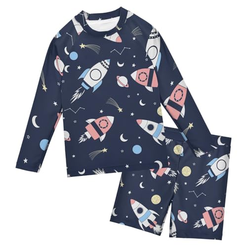 Aflyko Kids' Bathing Suit Set Blue Pinks Spaceship Shooting Star Long Sleeve Swim Tops with Shorts Summer Vacation Pool Party Rashguard Fun Cute Infant Beachwear, 4T