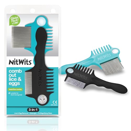 NitWits Head Lice & Egg Comb 2 Pack, 3-in-1 Lice Comb, Detangles, Removes Lice & Eggs and Includes 5x Magnifying Glass