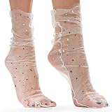 AVIAN LEGS White Pearl Glam: Women Sheer Slouch Tulle Socks | Shiny Glitter Novelty Decorated Loose Socks with Stars & Moon - Ankle High 1 Pair (US sizes 5-8)
