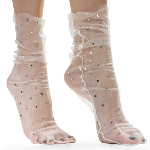 AVIAN LEGS White Pearl Glam: Women Sheer Slouch Tulle Socks | Shiny Glitter Novelty Decorated Loose Socks with Stars & Moon - Ankle High 1 Pair (US sizes 5-8)