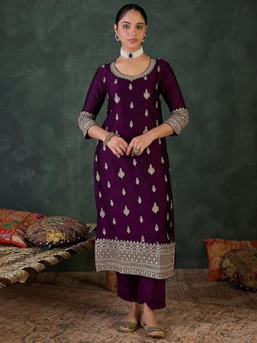 Image of INDO ERA Women's Straight Silk Blend Ethnic Motifs Embroidered Kurta & Pant with Dupatta Set (IESTR10550)
