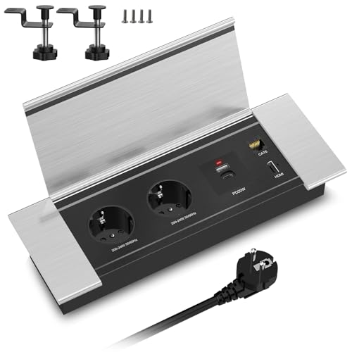 HANNELORE Enchufe de mesa con USB C PD20W, enchufe empotrable con USB HDMI RJ45, regleta empotrable con tapa, aluminio para escritorio, cocina, oficina, cable de 2 m, 2400 W/10 A
