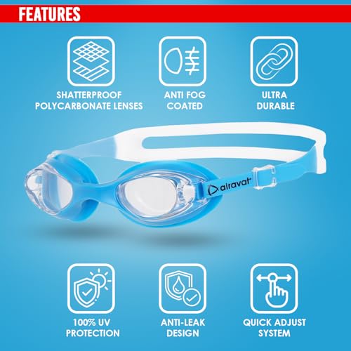 Image of AIRAVAT Hydro 1027 Swimming Goggles, Adjustable Pool Goggles For Adult, Youth, Boys & Girls, Optic Quality Poly carbonate Lenses, 100% UV Protection Anti-fog Coated, Ultra Durable (Blue)