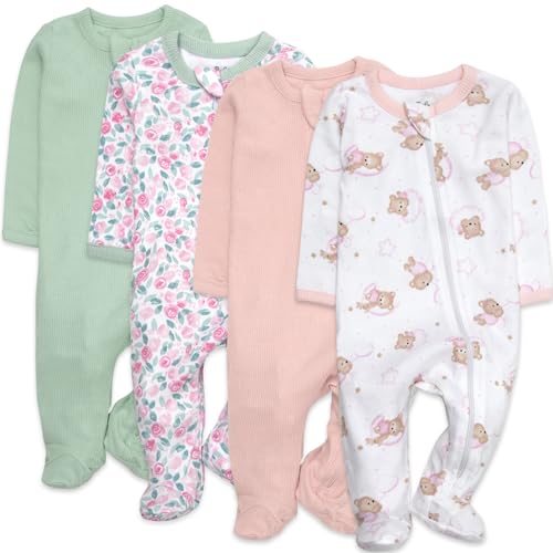 Image of Baby Essentials Baby Girls 4 Piece Outfit Set – Footie Sleepwear Pajama Bodysuits – Spring & Summer Baby Clothes Gift Set
