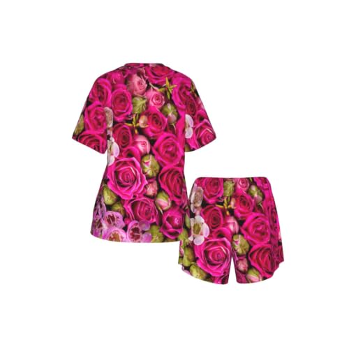Pyjama manches courtes femme vêtement de nuit respirant ensemble imprimé roses - 6
