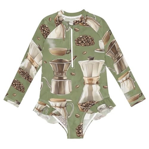 ALAZA Swimsuit for Girls Long Sleeve Rashguard Bathing Suit Coffee Time 6 Quick Dry 4T