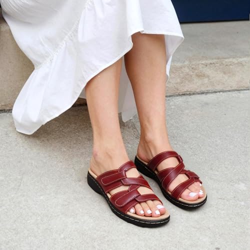 DREAM PAIRS DREAM PAIRS Womens Slides Arch Support Slip on Flat Sandals Plantar Fasciitis Soft Cushion Slippers With Adjustable Straps,Size 7,Red-Pu,SDSS2412W