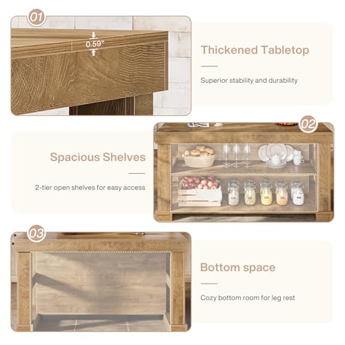 Image of Tribesigns Kitchen Island with Storage, 55-Inch Farmhouse Stationary Island Table with Large Countertop, 3-Tier Wooden Coffee Bar Table for Kitchen, Dining Room, Rustic Brown