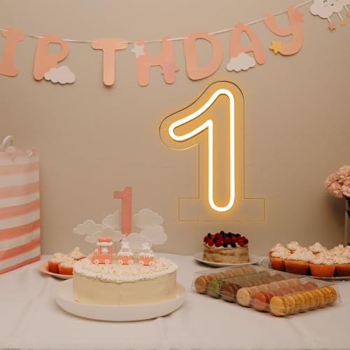 Image of Number 1 LED Neon Sign Backdrop Birthday Party Decoration, 11.3 inch Height Warm White Marquee Number Light Up Sign for Wedding Anniversary Window Wall Table, Indoor Battery Operated or USB