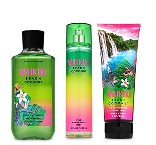 Bath and Body Works - Waikiki Beach Coconut - 3 pc Bundle - Shower Gel, Fine Fragrance Mist and Ultra Shea Body Cream - (2020)