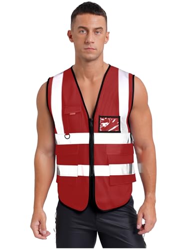 CHICTRY Gilet Alta visibilità Uomo Donne Giubbotto Sicurezza Riflettente per Conducenti Cantiere Stradale Assistenza Vigili del Fuoco Vest Giacca da Lavoro Rosso Taglia unica