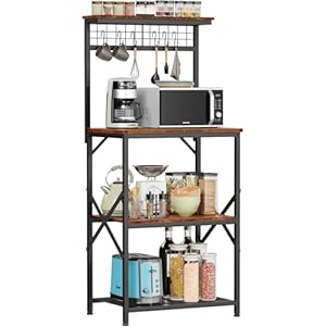 Furologee Kitchen Bakers Rack with Hutch, Coffee Bar Station 4 Tiers, Microwave Oven Stand with 6 S Hooks and Pegboard, Kitchen Microwave Rack for Spice Rack Organizer Workstation, Rustic Brown
