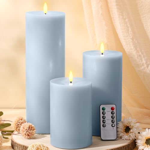 Image of Retisee 3 Pcs 6 /8 /12 Inches Light Blue Large Flameless LED Candles with Remote and 2 /4 /8h Timer Battery Operated Wax Flickering Candles for Home Winter Holiday Party Wedding Porch Bedroom Desk Decor