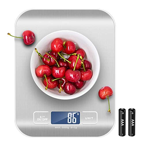 Newdora Báscula Digital para Cocina de Acero Inoxidable con Pantalla LCD Balanza de Alimentos, con función de tara, sistema de sensor de alta precisión escala digital Color Plata (Baterías Incluidas)