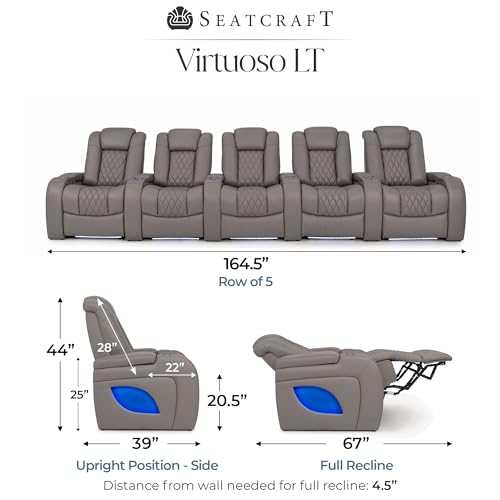 Image of Seatcraft Virtuoso LT Gray Italian Leather Home Theater Seating, Zero Gravity Power Recliner, Powered Headrest and Lumbar Gaming and Home Office Chair, Heat and Massage Lounge Sofa, Row of 5