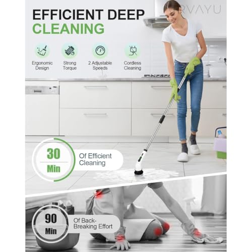 Image of Powerful Electric Spin Scrubber with Extendable Handle, 2-Speed Cordless, 9 Multi-Surface Brush Heads, 90Mins Work Time, 3 Adjustable Size, Rechargeable Cleaning Tool for Bathroom Tiles, Tub & Floors.