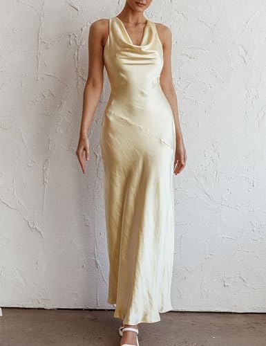 Image of KOUNAI Satin Backless Formal Maxi Dresses for Women Wedding Guest | Silk,Cowl Neck,Drape Neck,Open Back,Sleeveless,Tie Back,Elegant,Cocktail,Bridesmaid,Beach,Vacation,Party,Graduation,Midi