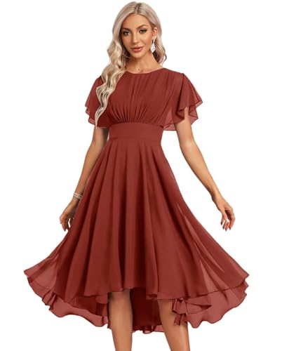 Women's Chiffon Bridesmaid Dresses Short Crew Neck Flutter Sleeves Prom Dress for Evening Party