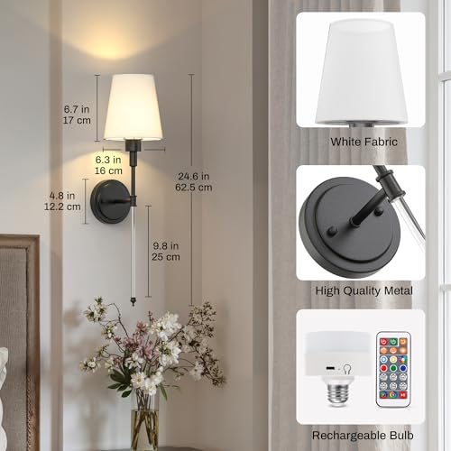 Image of DORESshop Battery Operated Wall Sconce Set of 2, Wall Light Wireless Easy to Install, Dimmable and Adjustable Sconce Wall Decor, Rechargeable Wall Lamp for Bedroom, Living Room, Black and Glass 24.6in