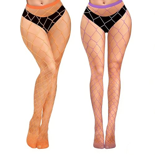Image of Violet Mist 2 Pack Womens High Waist Fishnet Tights Large Net Fishnets Stockings Colorful Sexy Hollow Out Pantyhose