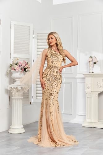 Image of One Shoulder Glitter Mermaid Dress for Mother of The Bride Women's Sexy Sequin Formal Gown