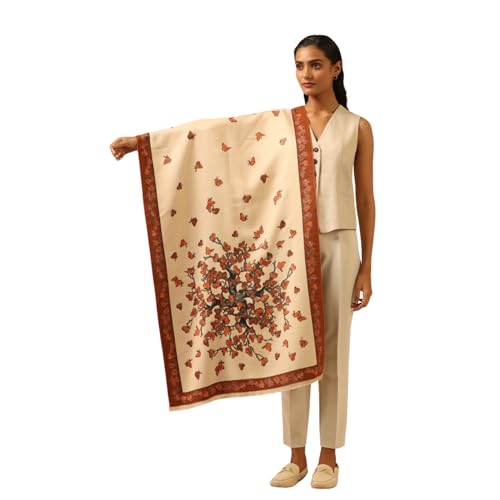 Dusala Women's Reversible Cashmere Stole - Nature & Butterfly Print, Soft Pashmina Shawl, Orange & Beige, Fashionable Accessory for All Seasons & Evening Dresses - 28x80 Inch3