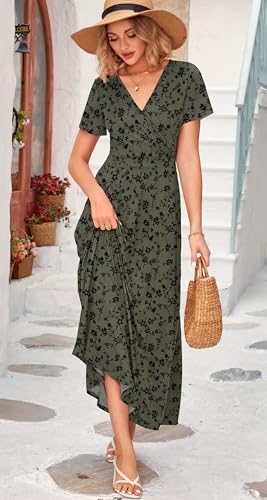 Image of WNEEDU Women's Summer Maxi Dress Short Sleeves Wrap V Neck Long Dresses with Pockets
