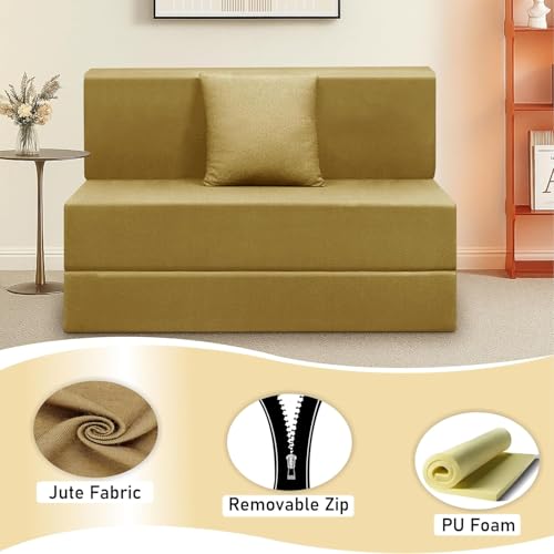 Image of Foldable 1-Seater, 3X6 Sofa Bed | Convertible Sofa Cum Bed with Cushion Jute Fabric Perfect for Living Rooms & Guest Rooms - Golden
