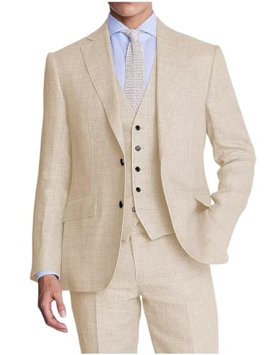 Men's Linen Suit 3 Piece Suits Slim Fit Beach Wedding Summer Casual Groomsmen Blazer Pants and Vest Tuxedo Set