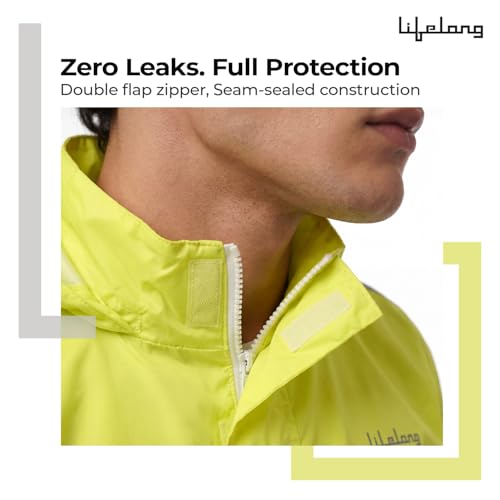 Image of Lifelong Unisex Adult H2Go Pro 3 Rain Standard Length Jacket I 10000mm Waterproof Nylon Shell | Motorcycle Riding Rain Jacket | Heat Sealed Seams | Drycore WR Zippers - Hi-Viz Green, L