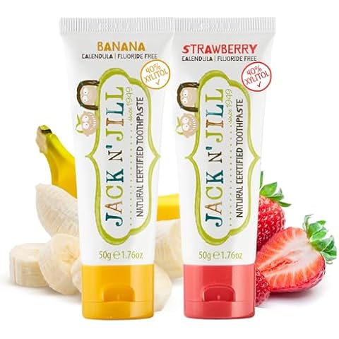 Jack N' Jill Natural Certified Toothpaste - Baby & Toddler Toothpaste, Fluoride-Free, 40% Xylitol, Sugar-Free, Safe from 6 Months, Makes Brushing Fun, Organic Banana and Strawberry Flavours Cover