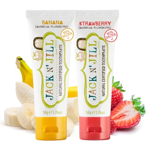 Image of Jack N' Jill Natural Toddler Toothpaste - Fluoride Free Training Toothpaste for Toddlers 1-3, 40% Xylitol, BPA Free - Strawberry & Banana 1.76 oz (Pack of 2)