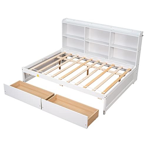Lepfun Full Bed With Storage Drawers And Side Bookcase, Solid Wood Platform Bed Frame, Full Size Daybed Sofa Bed For Bedroom Living Room (Full Size, White) #TOP4