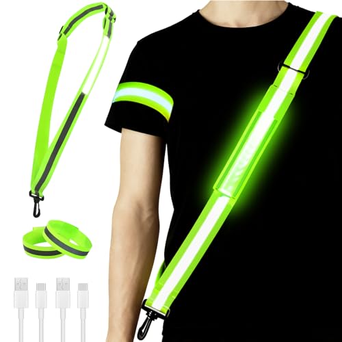 JagFond Luz Led para Correr, Cinturón Reflectante LED de Alta Visibilidad con Brazalete para Caminar por la Noche, Equipo de Carrera Iluminado USB Recargable Ajustable para Senderismo Camping Running