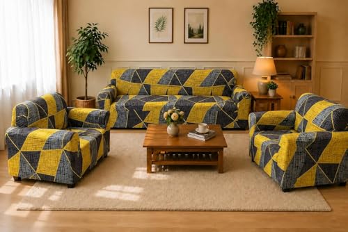 Image of Gifts Island Sofa Cover 3 Seater and 2 Seater Fully Covered Universal 5 Seater Sofa Cover Non-Slip Sticky Elastic Stretchable Sofa Set Slipcover Protector for (3+1+1 Seater) (Yellow Prism)