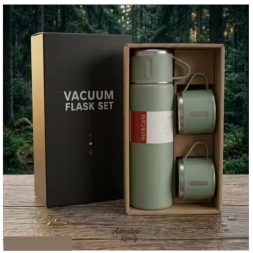 Image of 500ml Vacuum Flask Set with 2 Cups | Double Wall Stainless Steel Insulated Water Bottle for Hot & Cold Beverages | Portable Thermo Flask Gift Set for Travel, Office, Home & Outdoor Use (Multicolor)