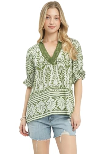 Two Tone Boarder Print Top (US, Alpha, Large, Regular, Regular, Green)