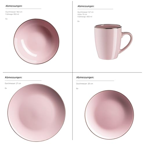 Modernes Geschirr Set für 6 Personen mit messingfarbenem Rand, 24-teiliges Kombiservice mit randlosen Coupe-Formen, Rosa