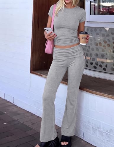Image of Ekouaer Womens Pajama Set Short Sleeve Crop Top Foldover Flare Pants | Soft Comfy Stretchy, Summer Wear Fall Layer, High Waist Fold Waistband For Loungewear Yoga Daily Casual Wear
