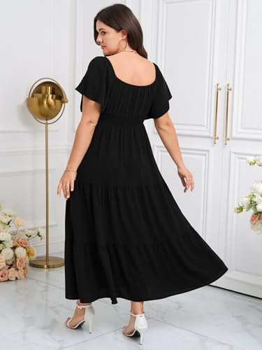 Image of SCOMCHIC Womens Plus Size Maxi Dress Formal Short Sleeve Square Neck Smocked Side Split Flowy A Line Tiered Long Dress
