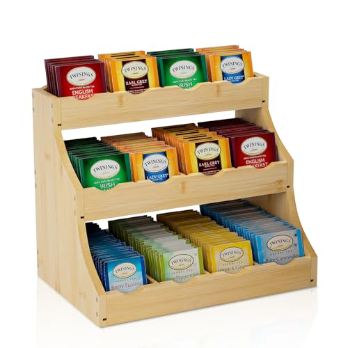 NUTUNI Bamboo Tea Bag Organizer, 3-Tier Tea Bag Holder Stores Over 240 Tea Bags, Tea Station for Coffee Capsules, Creamer, Sweetener, Sugar - Removable Divider (Self-assembly)