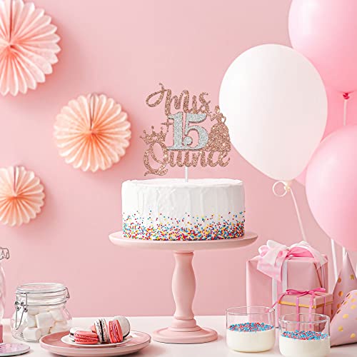 Rose Gold Glitter Mis Quince 15 Cake Topper, Happy 15Th Birthday Cake Topper, Girls 15Th Birthday Party Decorations Supplies #TOP6