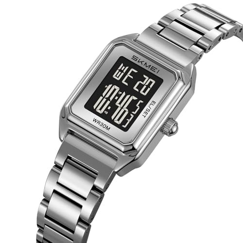 MASTOP Gold Digital Watch for Women Square Stainless Steel Waterproof LED Watch with Date, Alarm, Stopwatch, Countdown (Silver Black) by MASTOP - Used condition - Image 2