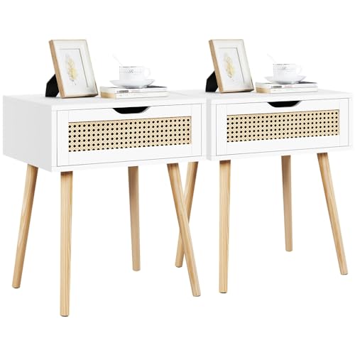 Yaheetech 2 pcs Mesillas de Noche Trenzada en RatánDormitorio Nordica Mesitas de Noche con Pata Madera Maciza Mesa Auxiliar con Cajón 48,5x41x57,5cm para Dormitorio Sala de Estar Salón Blanco